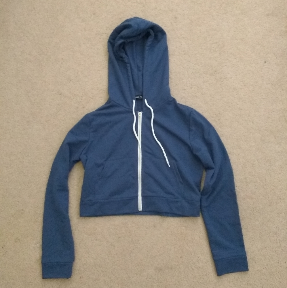 Blue Zip Up Hoodie, Medium Crop
